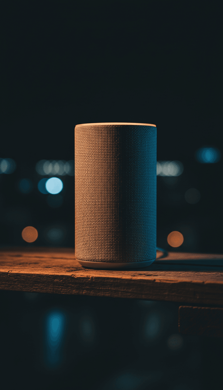 Smart home speaker on wooden shelf with dramatic lighting