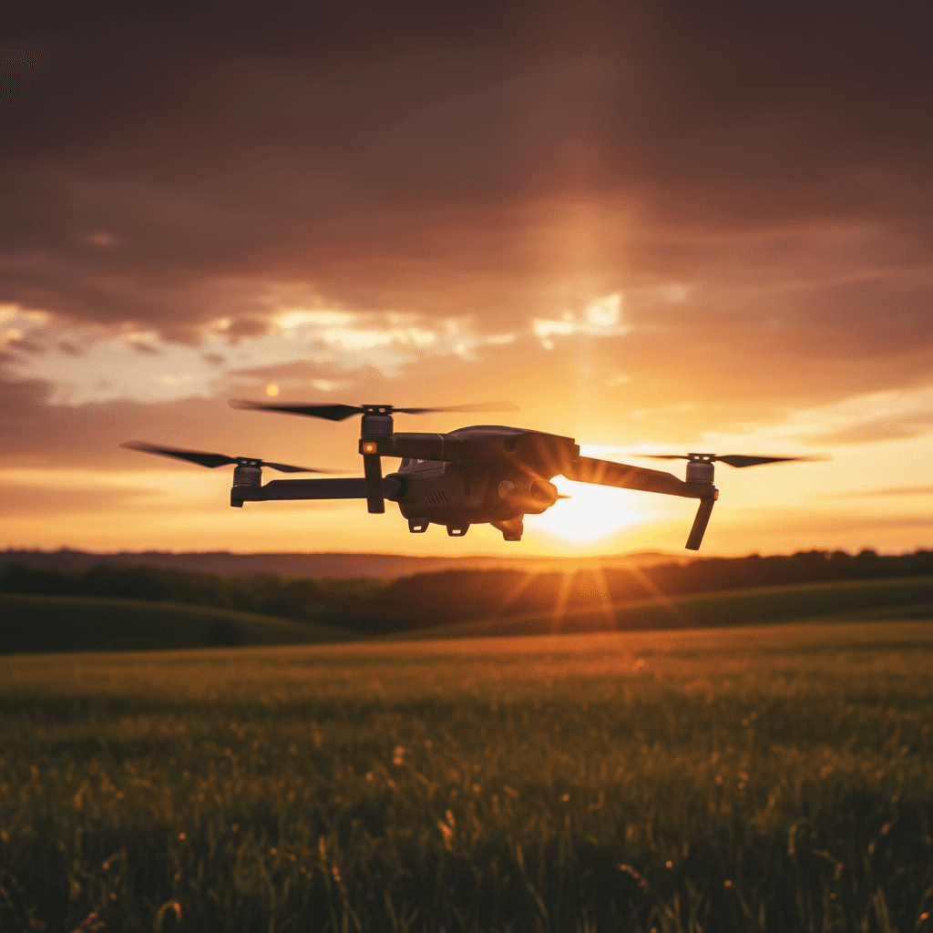 Drone hovering in mid-air with sunset sky in background