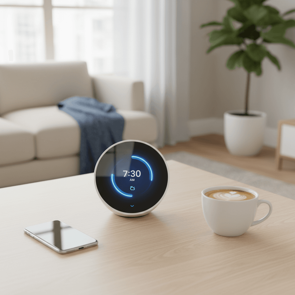 Smart home hub device on a desk with smartphone and coffee