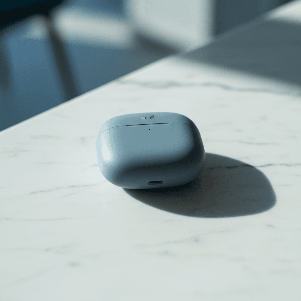 Close-up of premium wireless earbud case on marble countertop