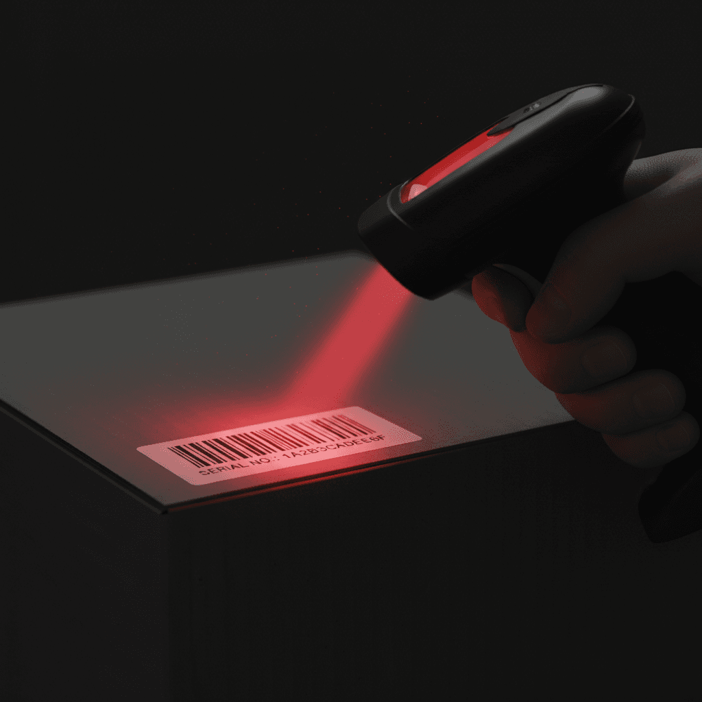 Barcode scanner scanning serial number on box