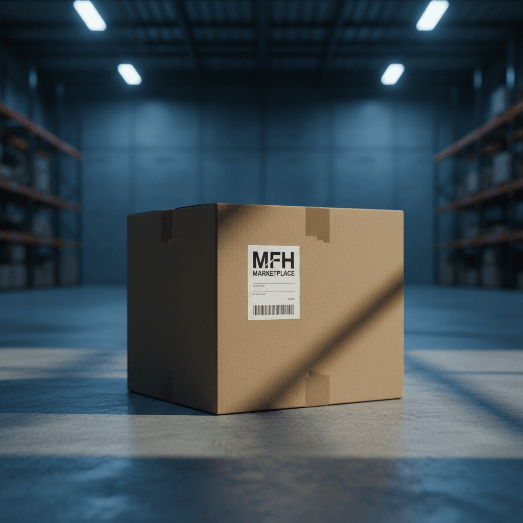 Factory sealed shipping box on warehouse floor