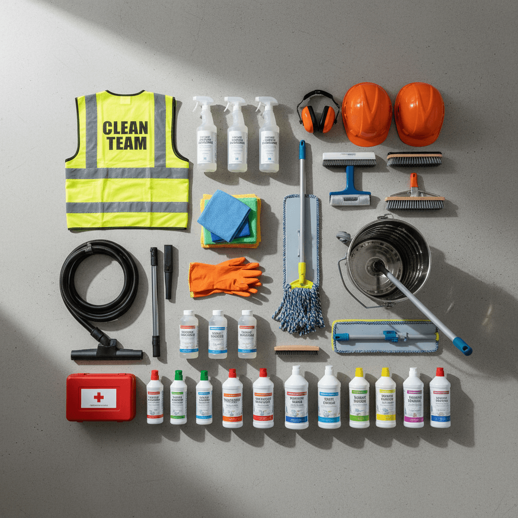 Organized array of professional cleaning supplies, disinfectants, protective gear, and equipment on neutral surface