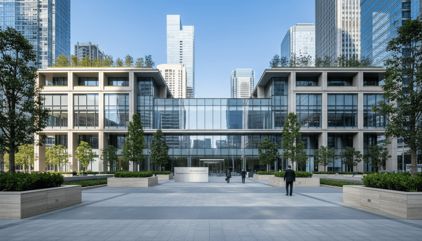 Modern professional office building exterior with contemporary architecture in urban business district