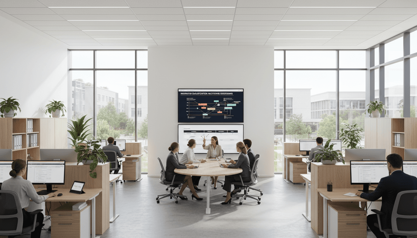 Diverse administrative team collaborating in modern office space, reviewing instructor qualifications and course assignments at desks and conference table