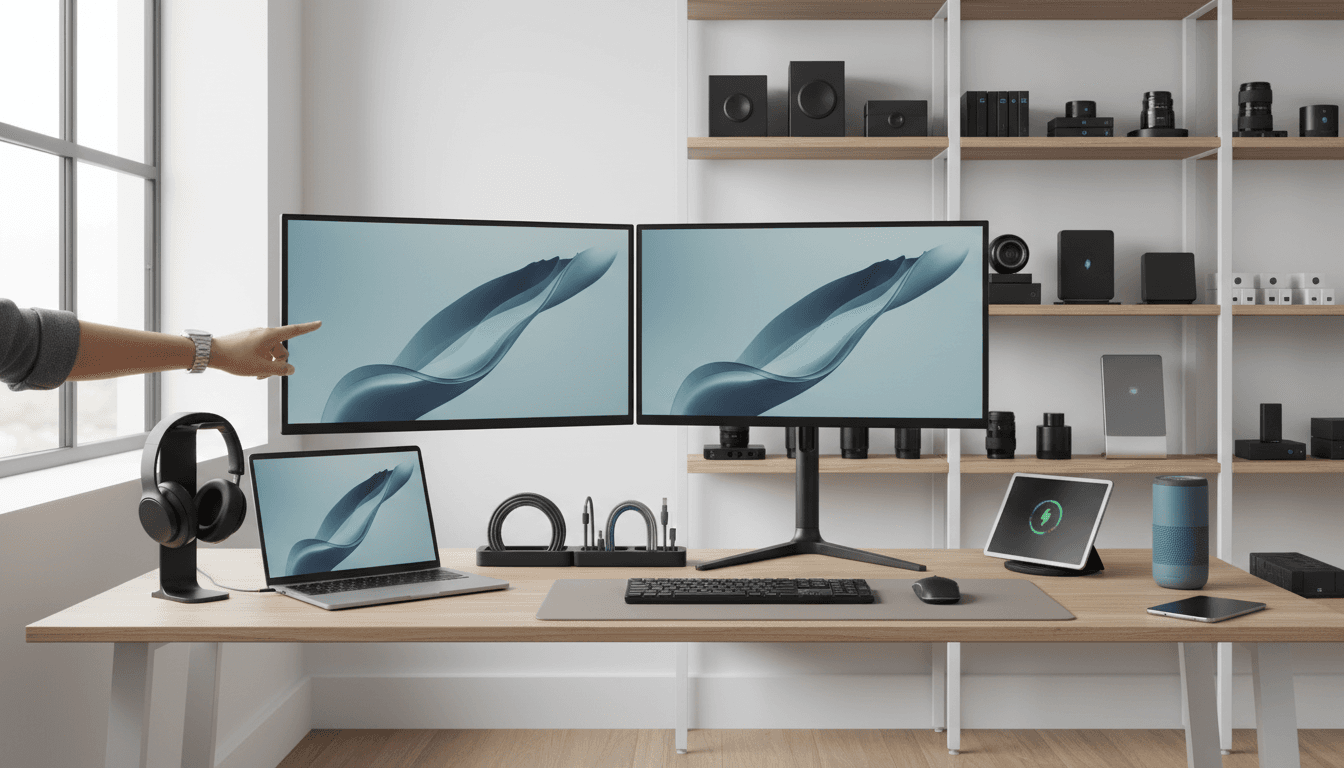 Organized home office workspace displaying multiple electronics including laptop, monitors, headphones, and accessories on a modern desk