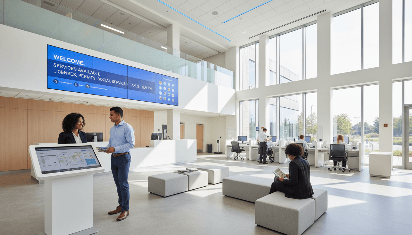 Diverse citizens in modern government office lobby accessing information at kiosks and service desks with digital signage
