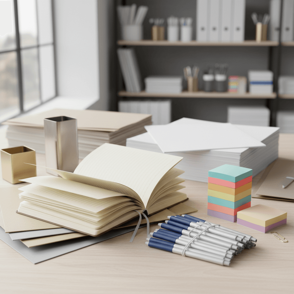Organized display of wholesale office supplies including notebooks, pens, paper, and filing folders on wooden surface