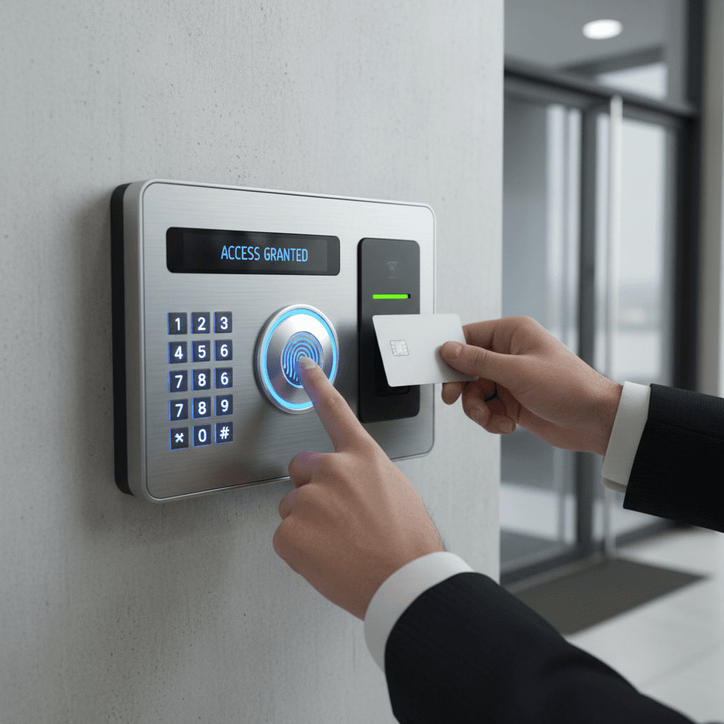 Close-up of modern access control keypad and card reader system mounted at secure building entrance