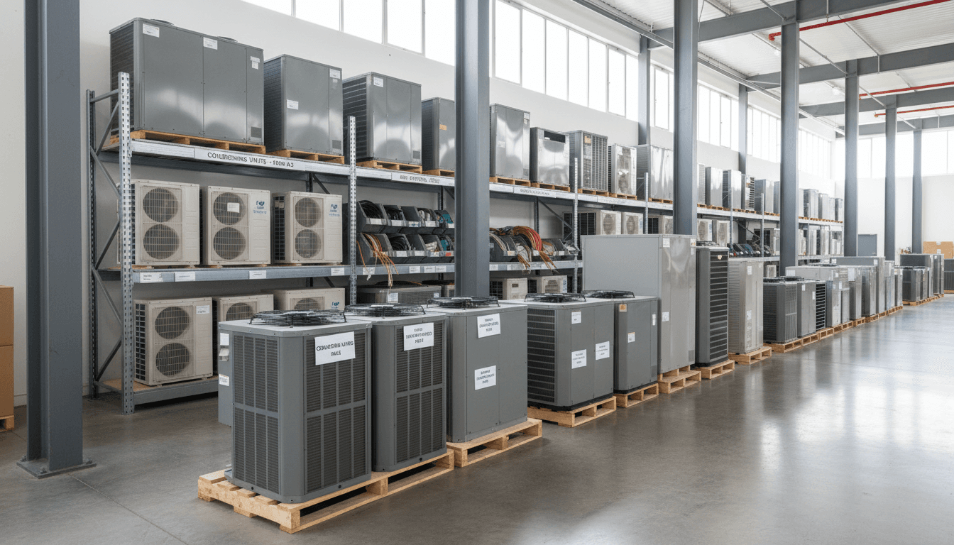 Wide warehouse view displaying organized rows of HVAC equipment including condensing units, air handlers, and split systems on pallets and shelving